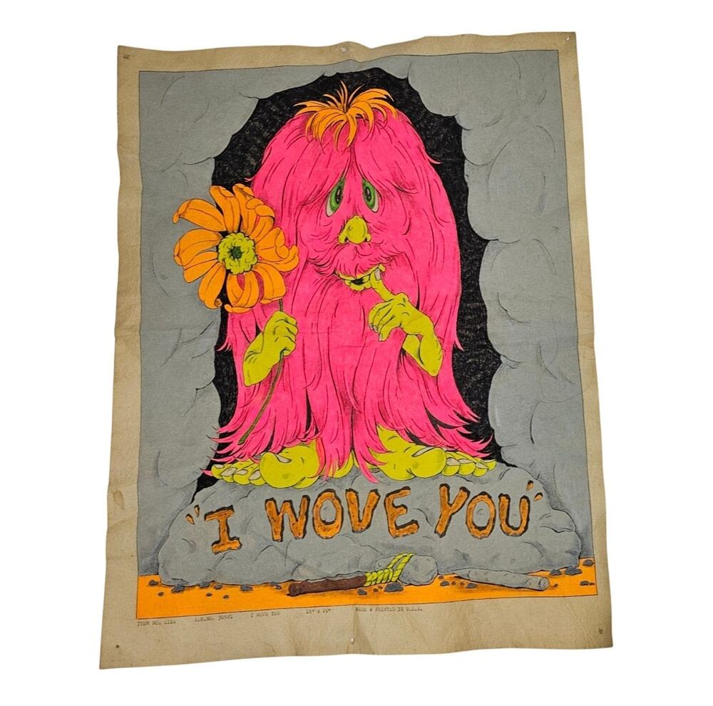 Vintage 1960s I Wove You Hippie Monster Troll Blacklight Felt Poster Art 17"x22"